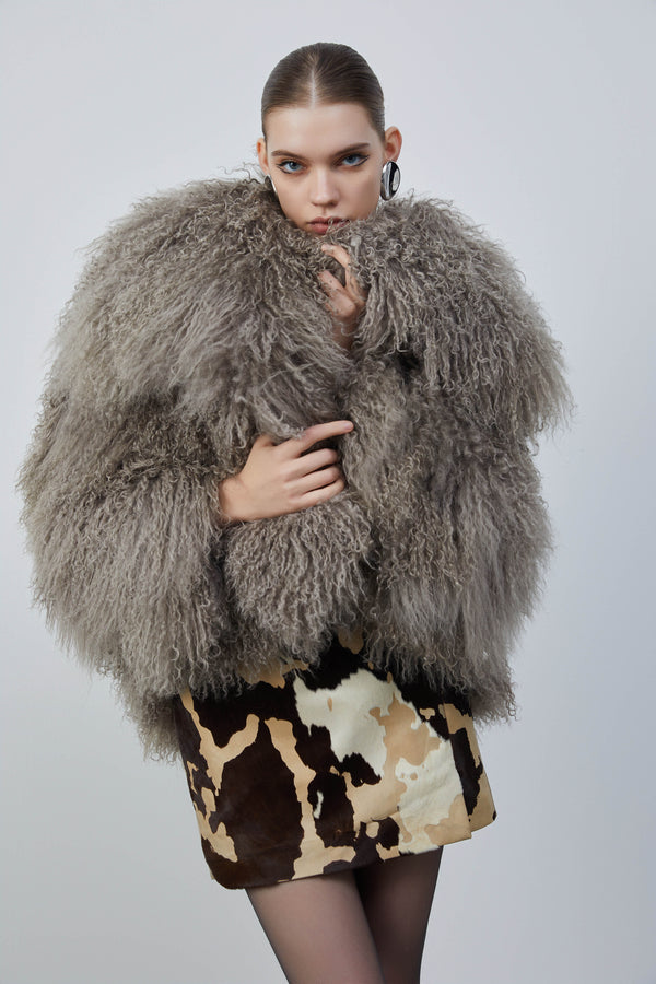 Atmarati Light Gray Large Lapel Shearling Short Coat